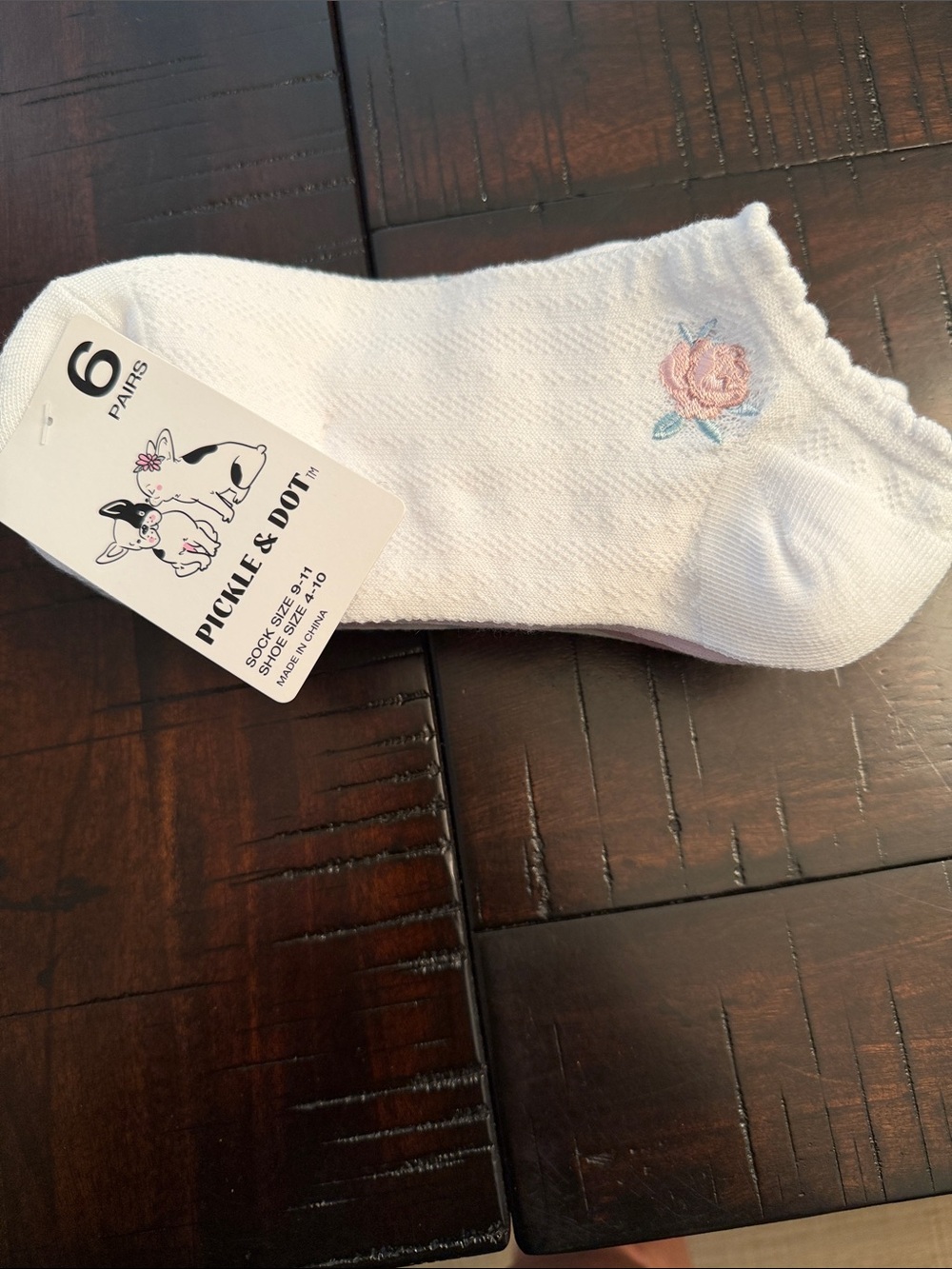 6 pair of floral White No-Show Socks with Pink Rose Accent